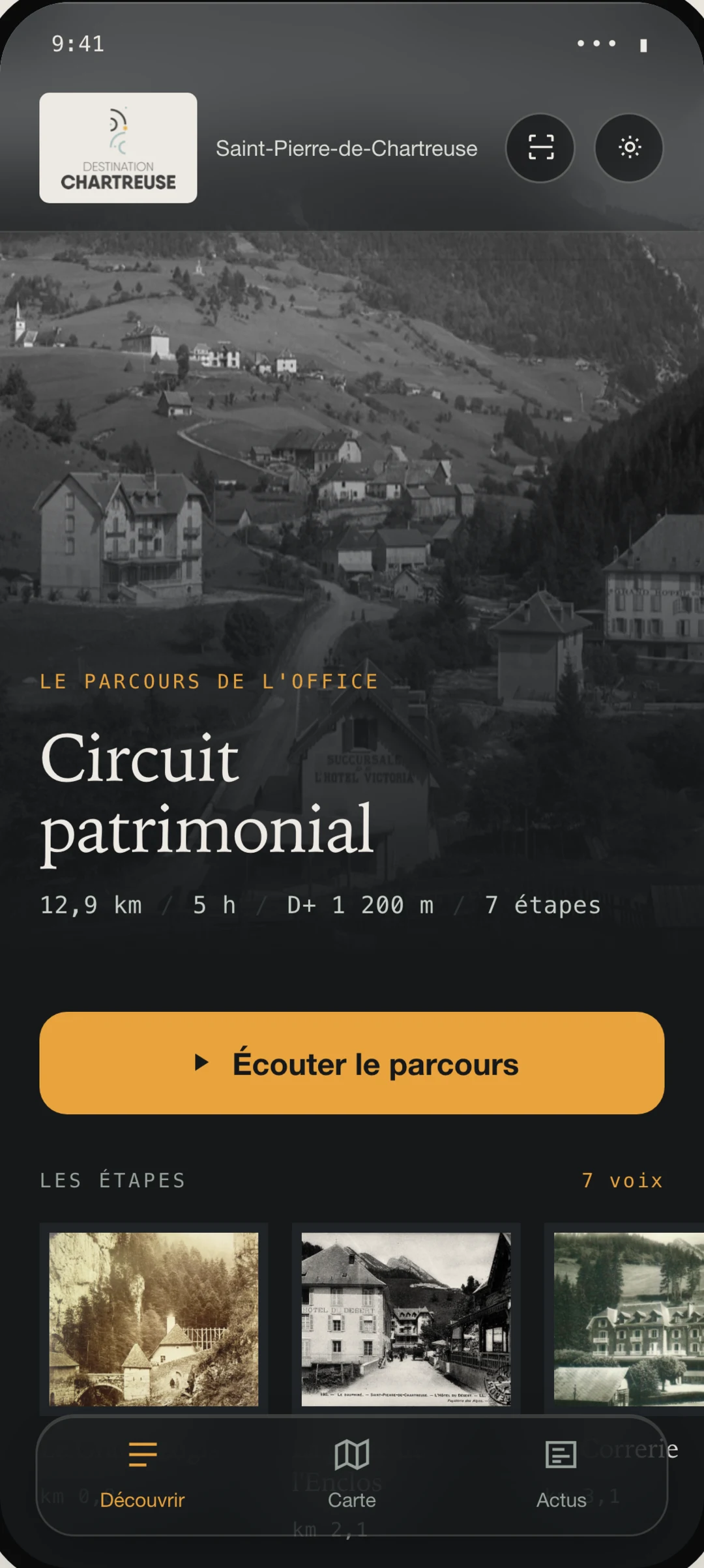 Écran Découvrir : les parcours publiés par l'office, filtrables par thématique