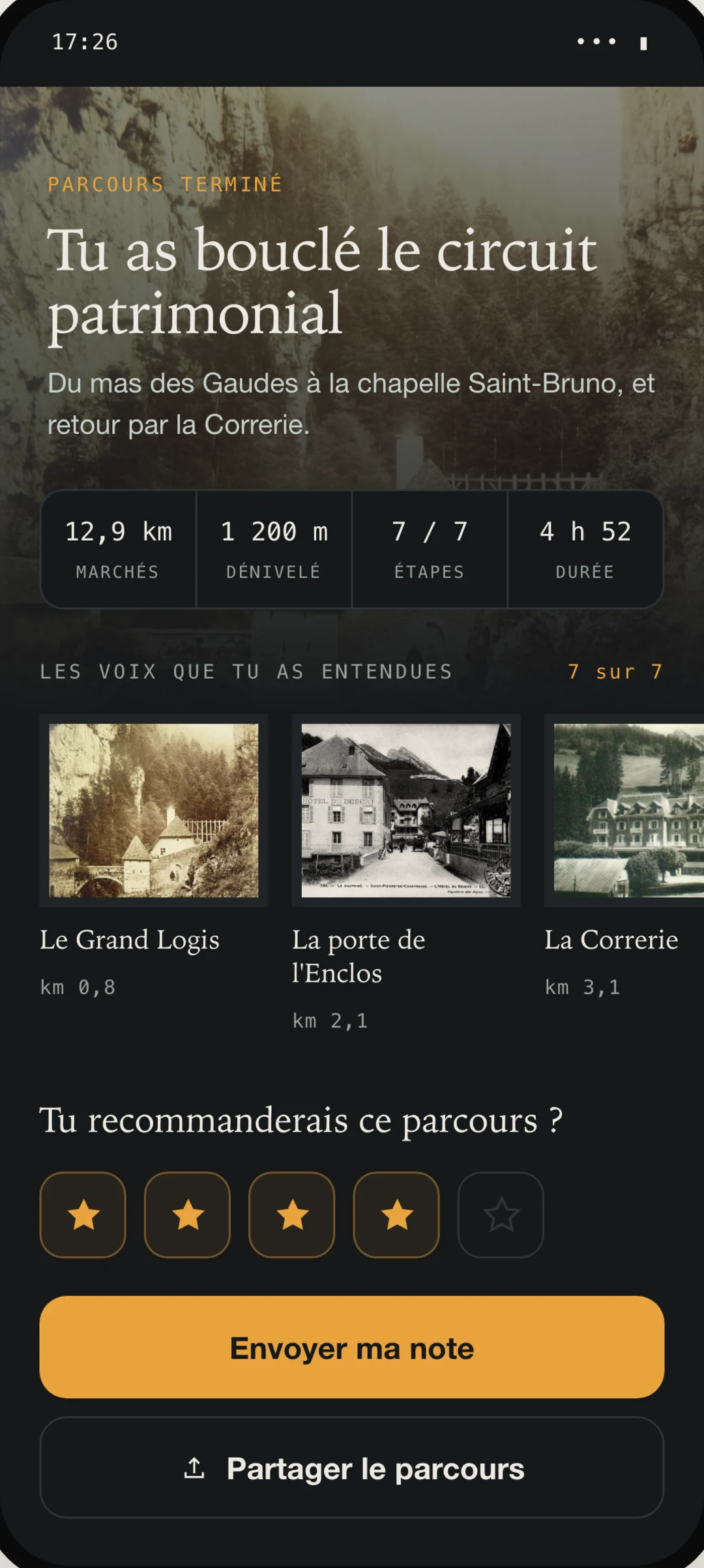 Fin de parcours : récapitulatif de la marche et invitation à laisser un avis