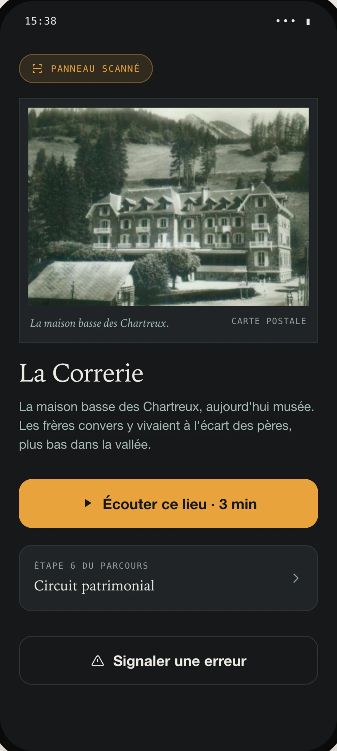 Un lieu ouvert par QR code, avec sa photographie d'archive et son récit